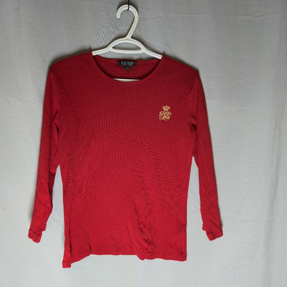 Ralph Lauren Red Long Sleeve With Gold Embroidered Logo Ladies Size L